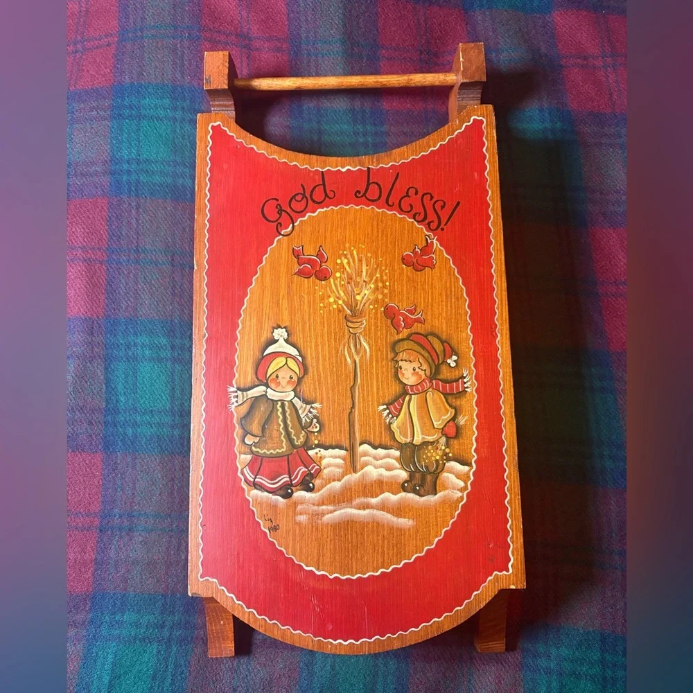 Vintage Wooden Holiday Folk Art Sled Decor